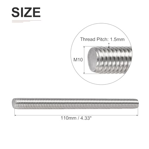 DTGN M10x1.5x110mm(DxPxL) Fully Threaded Rod - 5Pack - Good for Machinery - 304 Stainless Steel Right Hand Thread Rods Bar Studs - Silver - size: M10x1.5x110mm