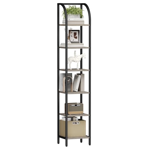 Hzuaneri Bookshelf Narrow Bookcase, Tall Storage Rack with Steel Frame - color: Greige, size: 11.8 × 13.2 × 71.9 inch