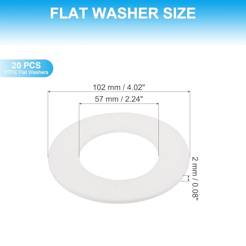 PATIKIL 20 Pcs PTFE Flat Washers 2.24" ID 4.02" OD 0.12" Thickness Sealing Spacer Flange Gasket for Machines Pipe Valves Oil Gas Industries, White (57x102x3mm) - size: 2.24" x 4.02" x 0.12"