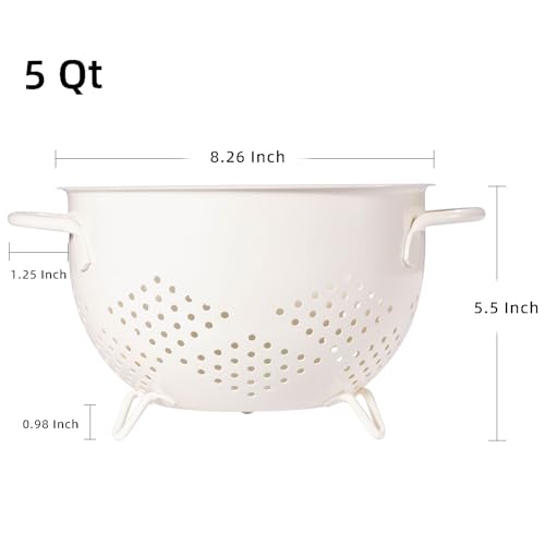 Metal Colander 5 Quart Powder Coated Self-draining Metal Strainer with Base,Kitchen Pasta Fruit Vegetable Basket with Double Handles (Cream) - color: Cream
