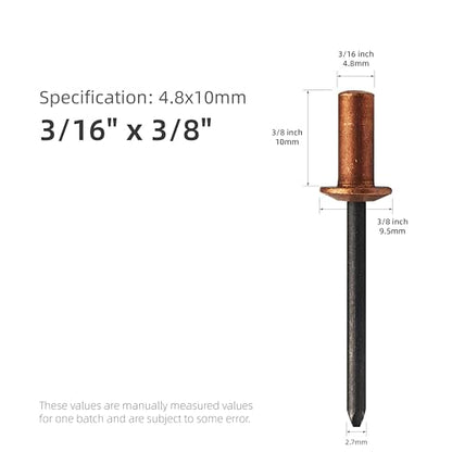 30Pcs Closed End Blind Rivets, 3/16" x3/8" - Copper Dome Head with Steel Mandrel, Sealed Pop Rivets (4.8x10mm) - color: Copper Steel, size: 3/16"x3/8"(4.8x10mm)