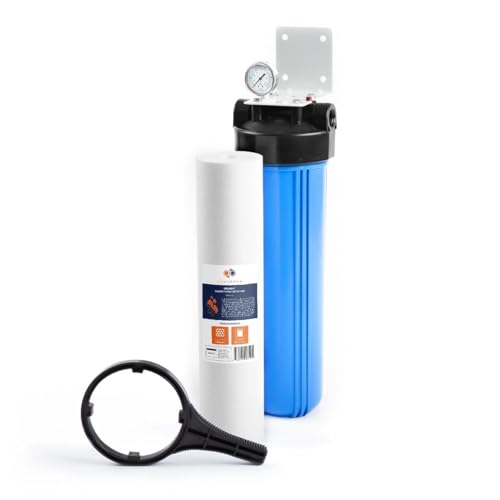 Aquaboon Whole House Water Filter System for Well Water with 5 Micron 20x4.5 Purification Reducing Sediment Cartrige | NSF Certified, Pressure Gauges & Releas, Wrench, Bracket 1" NPT - color: 20 Inch, size: Sediment Protection