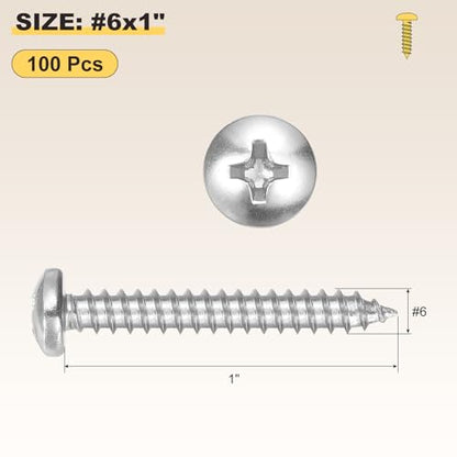 METALLIXITY Phillips Pan Head Self Tapping Screw #6x1 100Pcs - color: Silver Tone, size: #6x1"