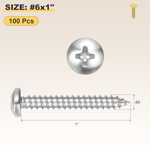 METALLIXITY Phillips Pan Head Self Tapping Screw #6x1 100Pcs - color: Silver Tone, size: #6x1"