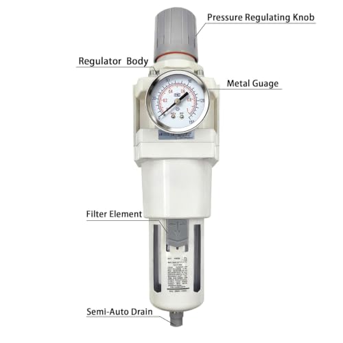 XingNEeng 1" NPT Compressed Air Filter Regulator Combo Piggyback, Water/Oil Trap Separator with Pressure Gauge(0-150 psi), Semi-Auto Drain, Poly Bowl, 5 Micron Brass Element, Metal Bracket - color: 1" Npt, size: Semi-Auto Drain