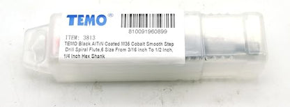 TEMO M35 Cobalt AITiN Spiral Step Drill Bit 3/16-1/2" 6 Size 1/4" Hex Shank - size: 3/16" - 1/2" AITiN, style: Spiral