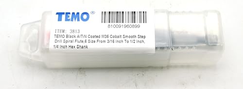 TEMO M35 Cobalt AITiN Spiral Step Drill Bit 3/16-1/2" 6 Size 1/4" Hex Shank - size: 3/16" - 1/2" AITiN, style: Spiral