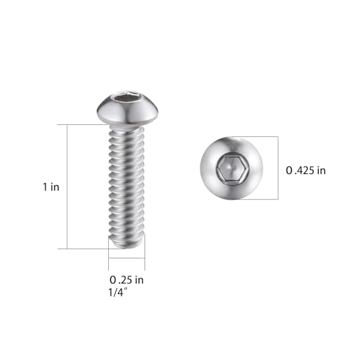 Wensilon (50Pcs) 1/4-20 * 1 Button Head Socket Cap Bolts Screws, 304 Stainless Steel, Allen Hex Drive, Bright Finish, Fully Machine Thread - color: Silver, size: B 1/4-20*1