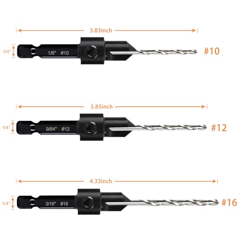 3 Pack Countersink Drill Bit Set #10#12#16, 3in1 Woodworking Counterbore Hole Saw Drill Bits, Depth Adjustable M2 Pilot Drill Bits, 82-Degree Chamfer, 1/4" Hex Shank, with 1 Allen Wrench - size: 3 Pack Countersink Drill Bits