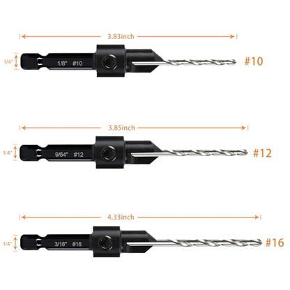 3 Pack Countersink Drill Bit Set #10#12#16, 3in1 Woodworking Counterbore Hole Saw Drill Bits, Depth Adjustable M2 Pilot Drill Bits, 82-Degree Chamfer, 1/4" Hex Shank, with 1 Allen Wrench - size: 3 Pack Countersink Drill Bits