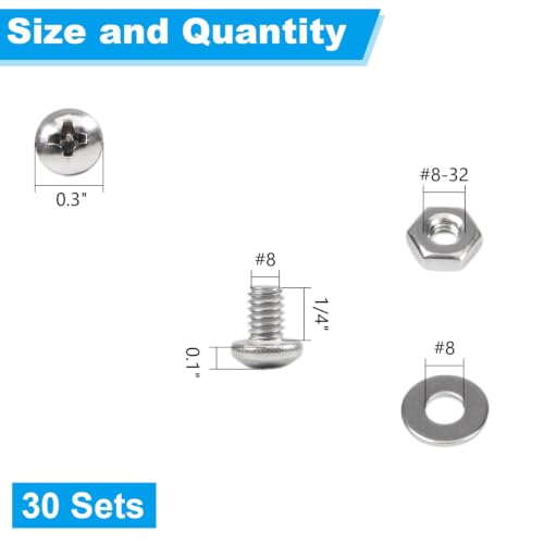 30 Sets #8-32 x 1/4" Pan Head Machine Screws Nuts Washers Kit - size: #8-32 x 1/4"