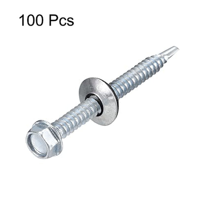 uxcell #14 x 2-1/2" Self Drilling Screws with Rubber Washer, 100pcs Zinc Plated Steel Roofing Screws Hex Head Self Tapping Screws with EPDM Washer for Metal to Metal - size: #14 x 2-1/2"