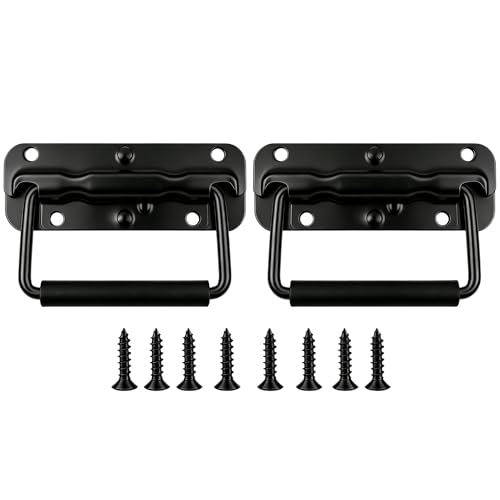 2pcs Spring Loaded Handles 4.3" Heavy Duty Stainless Steel Chest Handle with Rubber Grip, Surface Mount Folding Handles for Toolboxes Storage Boxes & Crates - color: Black