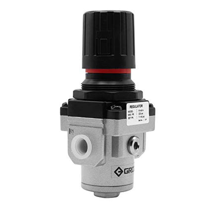Groz Air Pressure Regulator, Intermediate 1/4" NPT, 56 CFM / 1600 LPM, 7-145 PSI Adjustable, 220 PSI Max, ISO 6953-1, Aluminum Die-Cast Press-to-Lock Knob for Pneumatic Tools and Compressors (60052)
