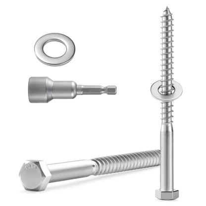 4 Sets 3/8" x 6" Hex Head Lag Screws Bolts with Flat Washers 304 Stainless Steel 18-8 Heavy Duty Lag Screw for Wood, Driver Bit Included - size: 3/8x6 (4sets)