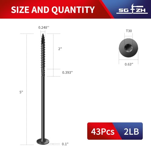 #14 x 5 Inch Outdoor Structural Wood Deck Screws (43Pcs/2lb), Carbon Steel, Black, Flat Head, Rust Resistant Epoxy Coated, T30 Star Bit - color: Black, size: #14 x 5"