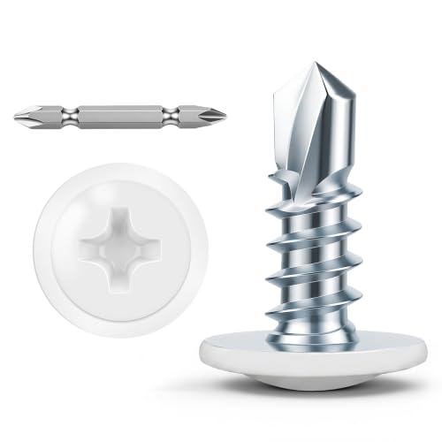 Mellewell #8 x 5/8" Modified Truss Head Fast Self Tapping Screws, White Head Self Drilling Sheet Metal Screws, Carbon Steel, Screwdriver Bit Included, 100 PCS - color: White, size: #8 x 5/8"