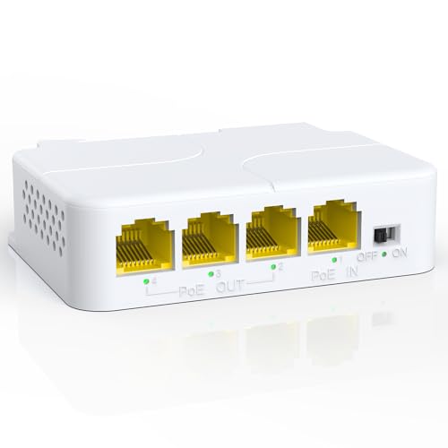 YuanLey 4 Port PoE Extender Gigabit with 3 PoE Out, IEEE 802.3af/at Mini 4 Channel Repeater 1000Mbps, VLAN, Wall and Din Rail Mount Passthrough POE Amplifier/Booster, Plug and Play - color: White