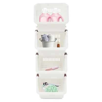 4 Pcs Open Front Stackable Storage Bins, PP Stacking Organizer Baskets with Rolling Wheels, Telescopic Buckles, Nestable, 38.58lbs Load (White) - color: White