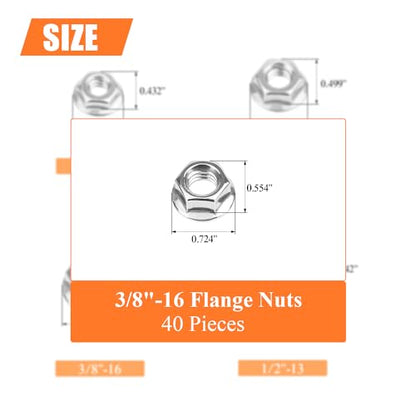 HELIFOUNER 40 Pieces 3/8”-16 Flange Nuts, Serrated Flange Hex Lock Nuts Assortment Kit, 304 Stainless Steel (18-8), Bright Finish, Coarse Thread - size: 3/8"-16 (40 Pieces)