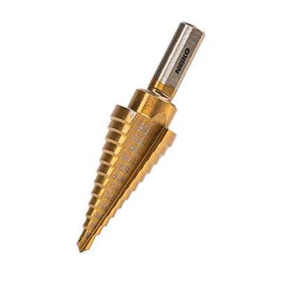 NEIKO 10185A Step Drill Bit, 12 Steps 3/16” to 7/8” Straight High Speed Steel, Titanium Nitride Coated, 3/8” Tri Flat Step Bits for Steel, Metal, Wood, Plastic, Unibit Cone Drill Bits, Two Flute - size: #4 (3/16 - 7/8", 12S), style: Straight