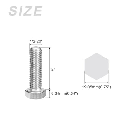 METALLIXITY Hex Head Bolts (1/2-20 x 2) 6Pcs, 304 Stainless Steel 18-8 Fully Threaded, External Hex Drive, Plain Finish, Hex Head Screw Bolt, Silver - size: 1/2-20x2"