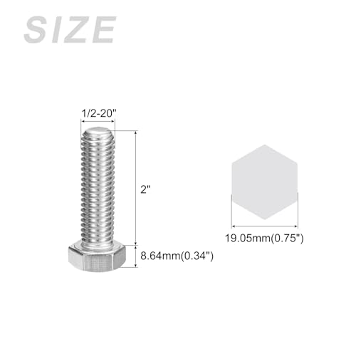 METALLIXITY Hex Head Bolts (1/2-20 x 2) 6Pcs, 304 Stainless Steel 18-8 Fully Threaded, External Hex Drive, Plain Finish, Hex Head Screw Bolt, Silver - size: 1/2-20x2"