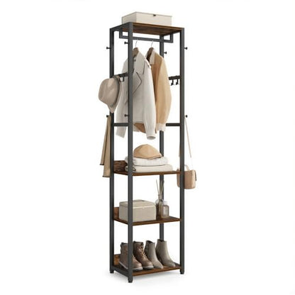 VASAGLE Freestanding Coat Rack, Hall Tree with Shelves, Steel Frame - color: Ink Black + Rustic Brown, style: Industrial