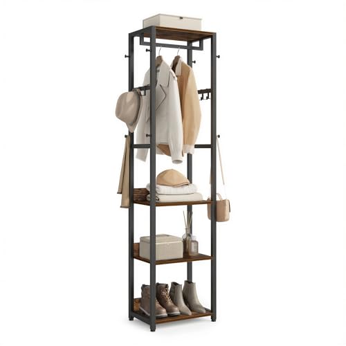 VASAGLE Freestanding Coat Rack, Hall Tree with Shelves, Steel Frame - color: Ink Black + Rustic Brown, style: Industrial
