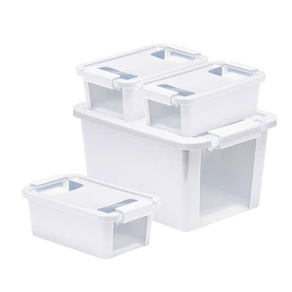 Curver Set of 4 VersaBox Plastic Organization and Storage Box with Secure Latching Lid, White - size: XS & Small
