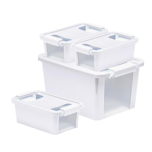 Curver Set of 4 VersaBox Plastic Organization and Storage Box with Secure Latching Lid, White - size: XS & Small