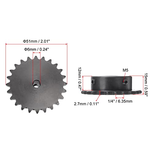uxcell 24 Tooth Roller Sprocket B Type, #25 Chain, Single Strand 1/4" Pitch, 6mm Bore Black Oxide C45 Carbon Steel with Set Screws for ISO 04C - size: 6mm