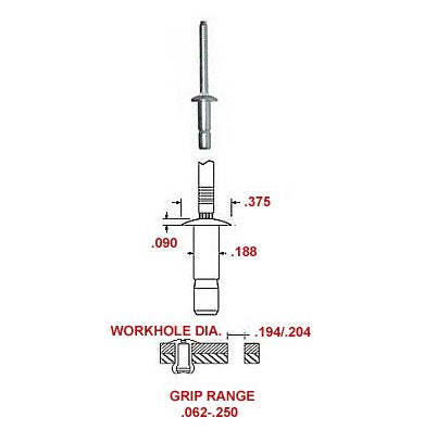 3/16' Dia Interlock All Aluminum HIGH Strength Rivet, PROTRUDING Head with A .125-.331 Grip Range (Pack of 100 Pieces) BAPI-06-04