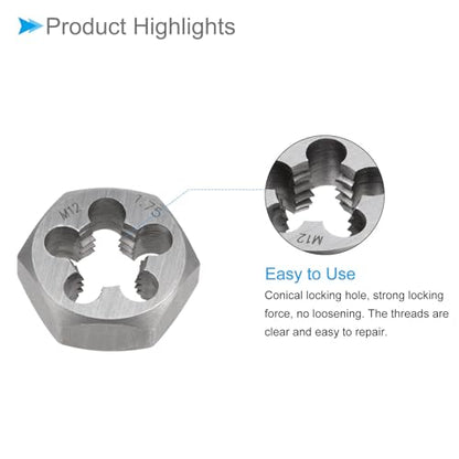 Hex Rethreading Die, M12 x 1.75 Pitch, Carbon Steel Cylindrical Pipe Threading Tool with 5 Chip Holes - (Applications: for Threading Repairing) - size: M12x1.75