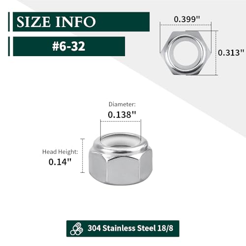 #6-32 Nylon Lock Nuts, 304 Stainless Steel (18-8) Hex Insert Locknuts, UNC Coarse Thread, Precision Nuts for 3D Printers & Electronics, 50 Pack - size: #6-32