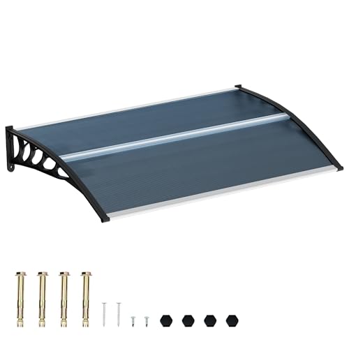 58.5x35 Inch Patio Window Awning Shade, Polycarbonate Door Entrance Canopy Cover Protection for Sunshine & Rain, Grey with Black Edge - color: Black + Gray