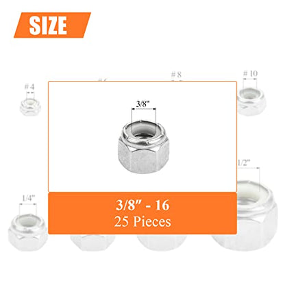 HELIFOUNER 25 Pieces 3/8"-16 Nylon Insert Hex Lock Nuts, 304 Stainless Steel (18-8) Locknuts, Bright Finish, Coarse Thread - size: 3/8"-16 (25 pcs)