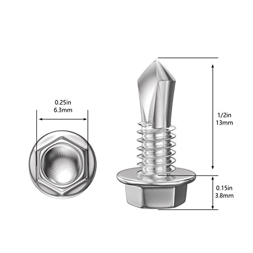 Wensilon (400Pcs) #8×1/2" Hex Washer Head Self Drilling Screws, 410 Stainless Steel Metal SheetScrews，TEK Screws, Sheet Metal Self Tapping Screws - color: Silver, size: #8×1/2"