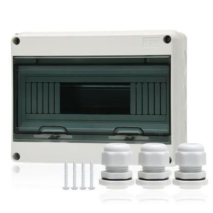 12 Way Distribution Protection Box,ABS/PC Alloy Plastic Transparent Cover Circuit Breaker Box IP66 Waterproof Distribution Box with DIN Rail and Waterproof Connector - size: HT-12