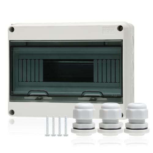 12 Way Distribution Protection Box,ABS/PC Alloy Plastic Transparent Cover Circuit Breaker Box IP66 Waterproof Distribution Box with DIN Rail and Waterproof Connector - size: HT-12