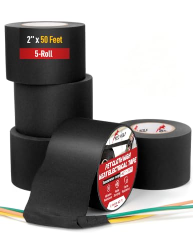 RED WOLF Noise Damping PET Electrical Wire Tape 2 Inch x 50 Feet 5-Roll, High Heat Abrasion Resistance Self-Adhesive Fabric Cloth Tape Wrap Wiring Loom for Automotive Engines Cable Protection - size: 2 inch - 50 Ft (5-Pack)