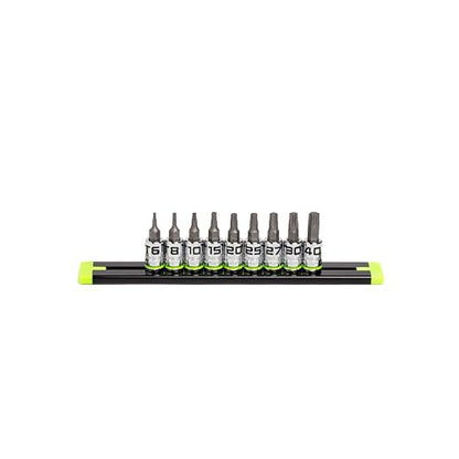 GRIPEDGE Tools | 9PC RPT Star Driver Set | Sizes T6 - T40 | 1/4'' Drive | Made With S2 Steel | Includes Premium Aluminum Socket Rail |