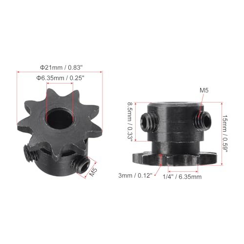 uxcell #25 Chain Roller Sprocket, 6.35mm Bore 1/4" Pitch 9 Tooth Single Strand Chain Sprocket, C45 Carbon Steel 25 Roller Chain Sprocket with Set Screws for ISO 04C Chain, 2Pcs - size: 21mmx6.35mm