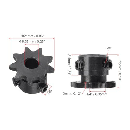 uxcell #25 Chain Roller Sprocket, 6.35mm Bore 1/4" Pitch 9 Tooth Single Strand Chain Sprocket, C45 Carbon Steel 25 Roller Chain Sprocket with Set Screws for ISO 04C Chain, 2Pcs - size: 21mmx6.35mm