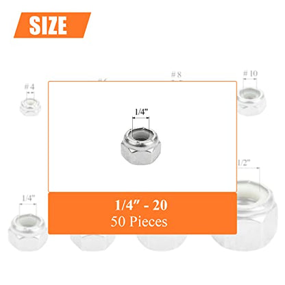 HELIFOUNER 50 Pieces 1/4"-20 Nylon Insert Hex Lock Nuts, 304 Stainless Steel (18-8) Locknuts, Bright Finish, Coarse Thread - size: 1/4"-20 (50 pcs)