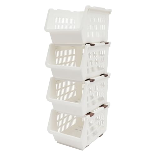 4 Pcs Open Front Stackable Storage Bins, PP Stacking Organizer Baskets with Rolling Wheels, Telescopic Buckles, Nestable, 38.58lbs Load (White) - color: White