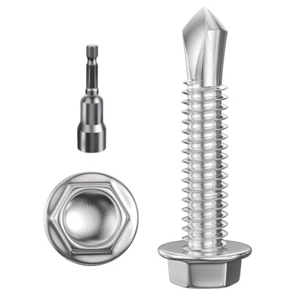 Wensilon (100Pcs) #10×2" Hex Washer Head Self Drilling Screws, 410 Stainless Steel Metal SheetScrews，TEK Screws, Sheet Metal Self Tapping Screws - color: Silver, size: #10x2"