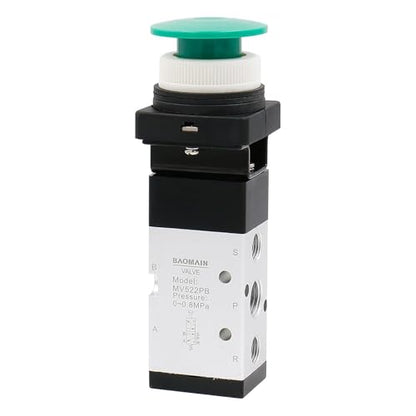 Baomain Pneumatic Mechanical Valve MV522PB 1/4"PT 2 Position 5 Way Momentary Green Mushroom Button Manual Control type Mechanical Valve Pneumatic Control Valve - size: Green Mushroom(5-Way)