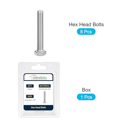 METALLIXITY Hex Head Bolts (5/16-24 x 1-1/2") 6Pcs, 304 Stainless Steel 18-8 Fully Threaded, External Hex Drive, Plain Finish, Hex Head Screw Bolt, Silver - size: 5/16-24x1-1/2"