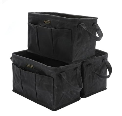 3-Pack Storage Tool Case Set, 13.8 x 7.8 x 7.8 Inches, Rectangular Waxed Canvas Fabric Collapsible Tool Bag with Handles for Tools,Wrench Set,Screwdrivers (Black) - color: Black
